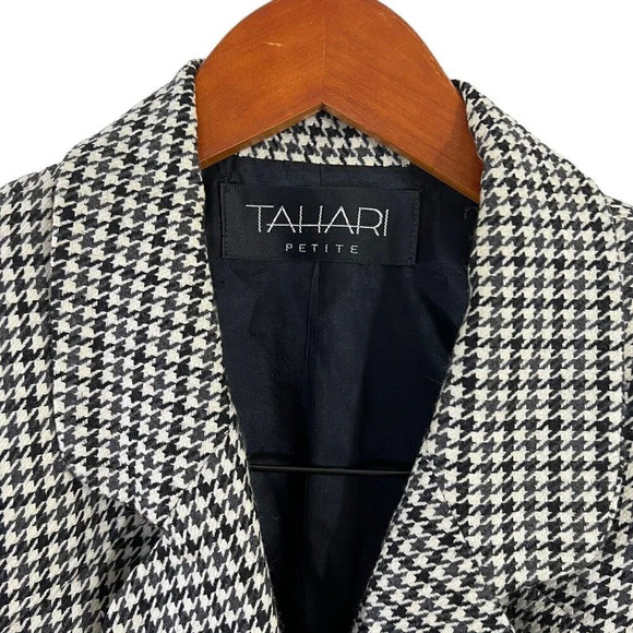 Tahari Cream and Black 100% Wool Houndstooth Pattern Velvet Trim Blazer Size 8 - Picture 4 of 7